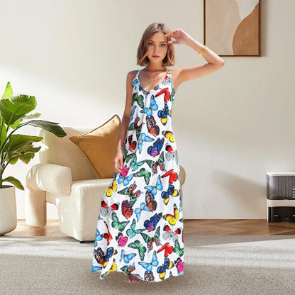 Maxikleid con scollo a V e spaghetti e stampa a farfalla