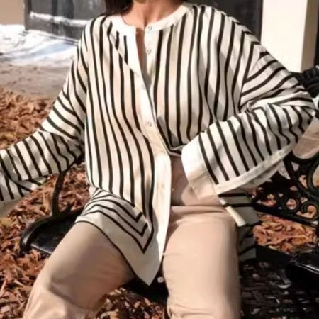 💕 Élégant et confortable 🌸Chemisier décontracté à col rond, rayures et boutonné sur le devant
