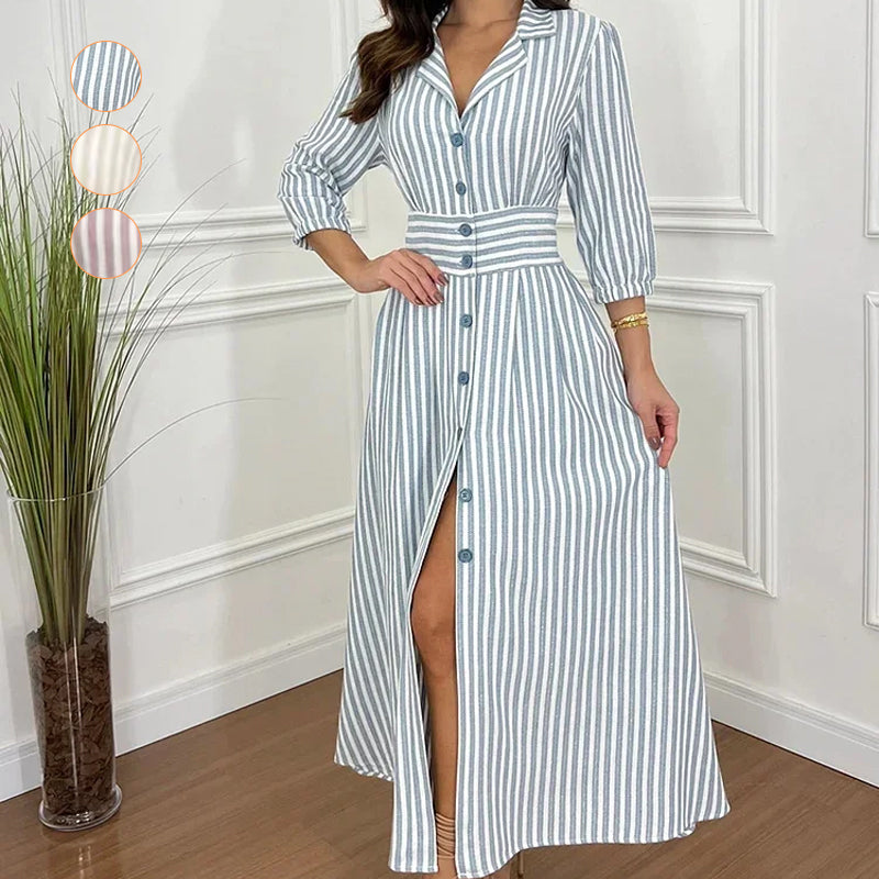 Striped long shirt dress with a button bar