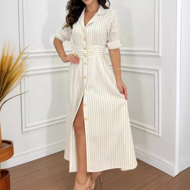 Striped long shirt dress with a button bar
