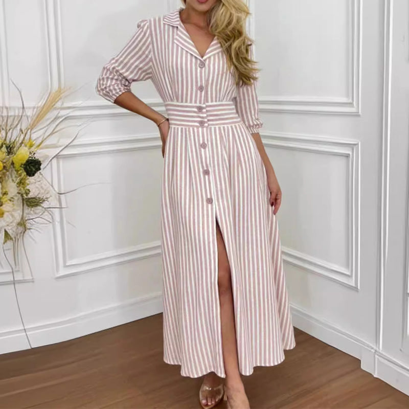 Striped long shirt dress with a button bar