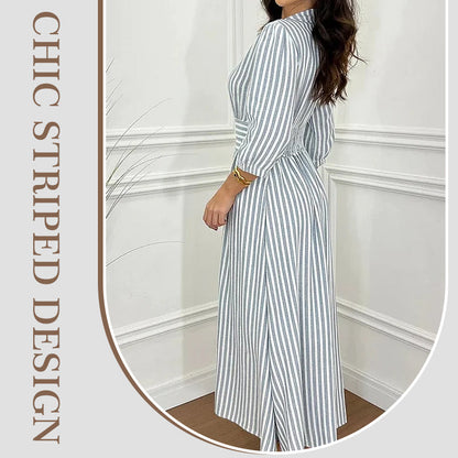 Striped long shirt dress with a button bar