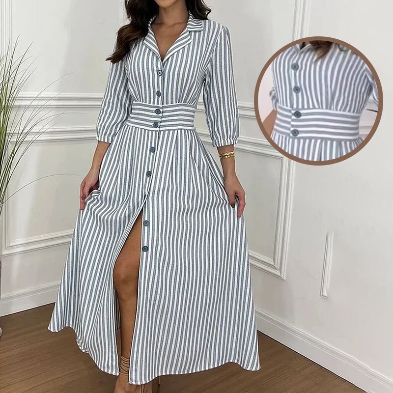 Striped long shirt dress with a button bar