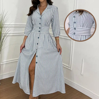 Striped long shirt dress with a button bar