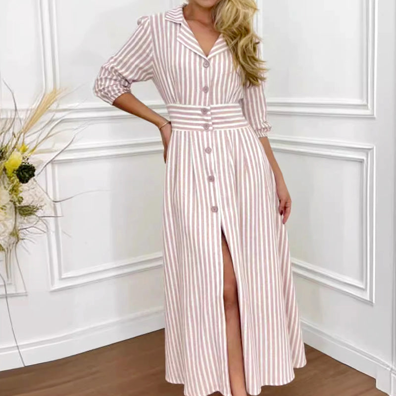 Striped long shirt dress with a button bar
