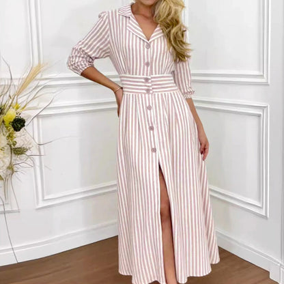 Striped long shirt dress with a button bar