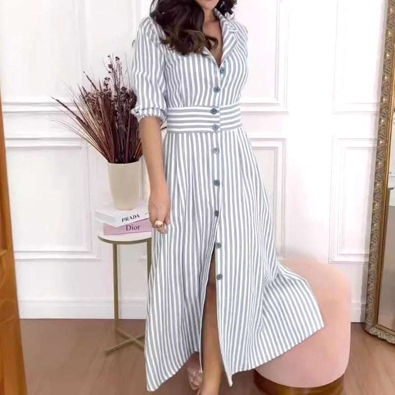 Striped long shirt dress with a button bar