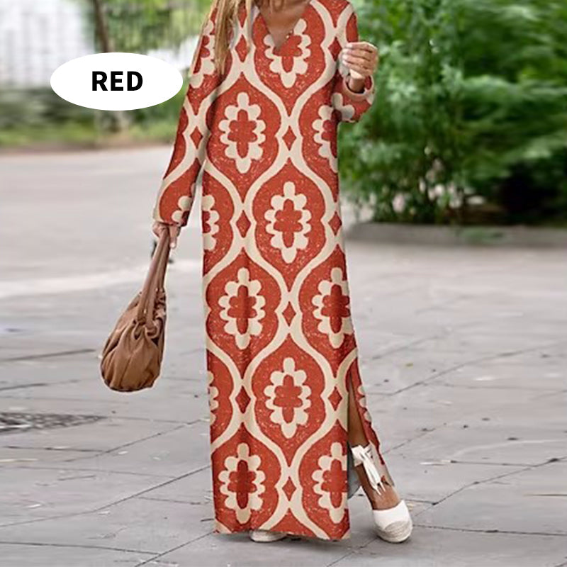 🔥Under en begränsad tid 26% rabatt🔥Boho långärmad klänning med V-ringning