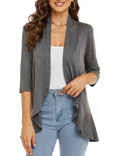Damen-Cardigan mit offener Vorderseite, 3/4 Ärmeln und leicht drapierten Rüschen