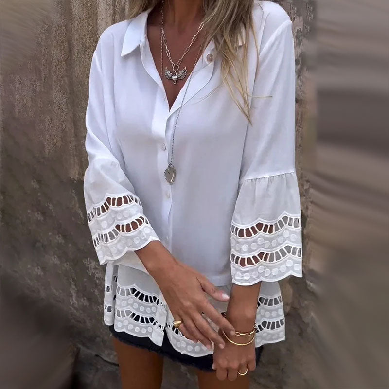 💕 Élégant et confortable 💖Chemise à manches mi-longues avec motif patchwork creux
