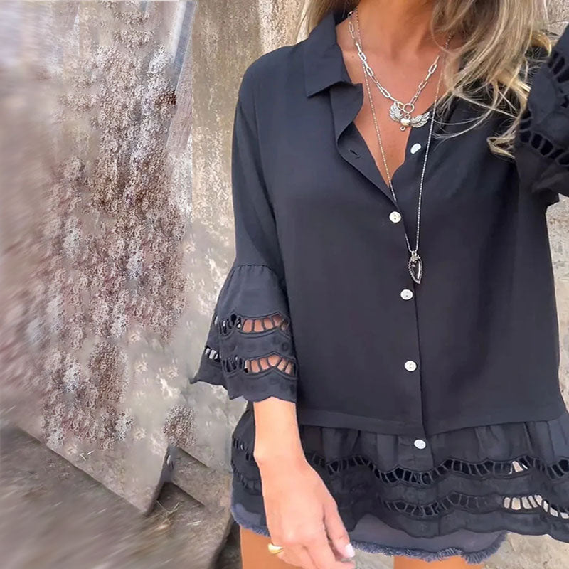 💕 Élégant et confortable 💖Chemise à manches mi-longues avec motif patchwork creux