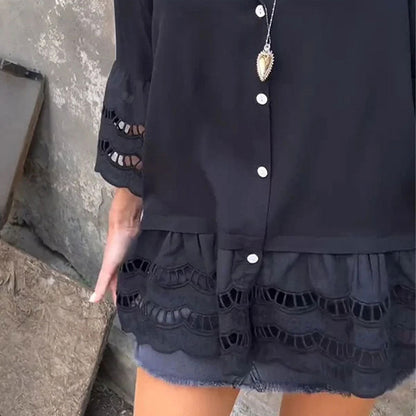 💕 Élégant et confortable 💖Chemise à manches mi-longues avec motif patchwork creux