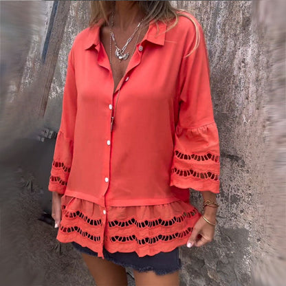 💕 Élégant et confortable 💖Chemise à manches mi-longues avec motif patchwork creux