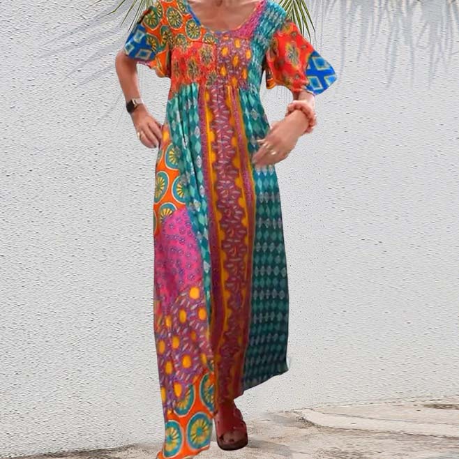 💕SCONTO DEL 50%💃Abito lungo colorato con patchwork bohémien per donna