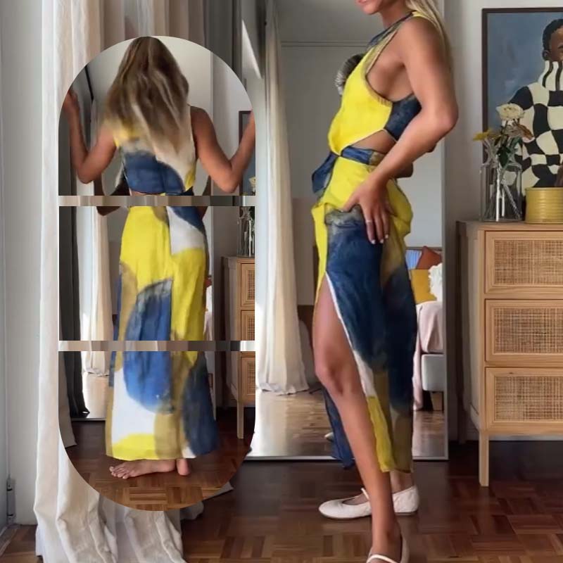 Abito elegante con una scollatura ad acquerello astratta per le donne