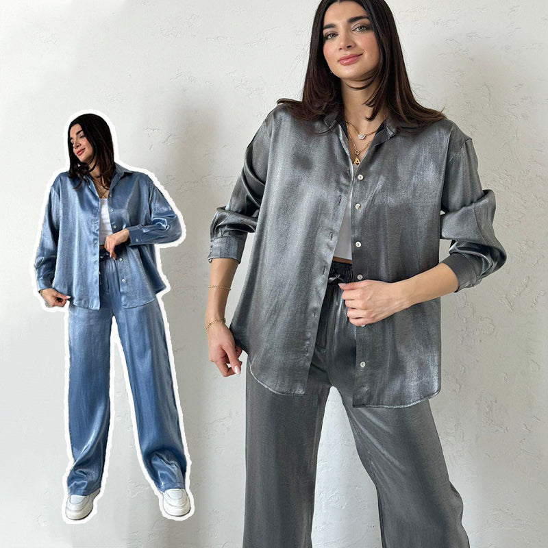 Abiti alla moda in 2 parti: camicia e pantaloni lucenti con gamba larga e vita alta