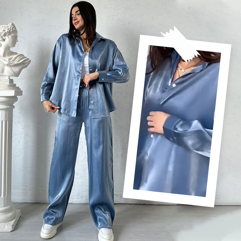 Abiti alla moda in 2 parti: camicia e pantaloni lucenti con gamba larga e vita alta