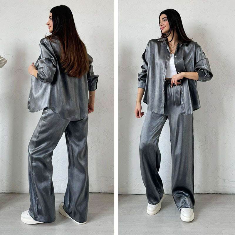 Abiti alla moda in 2 parti: camicia e pantaloni lucenti con gamba larga e vita alta