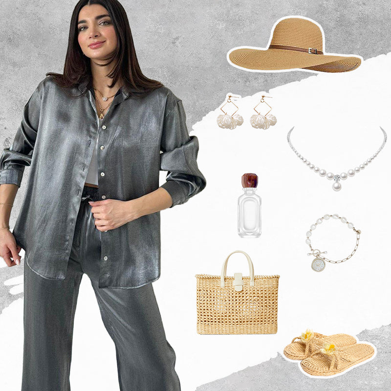 Abiti alla moda in 2 parti: camicia e pantaloni lucenti con gamba larga e vita alta