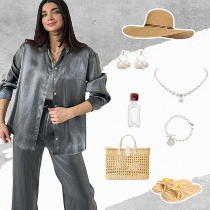 Abiti alla moda in 2 parti: camicia e pantaloni lucenti con gamba larga e vita alta