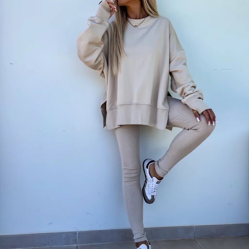 💝✨ Completo sportivo ed elegante in due pezzi: felpa monocromatica a maniche lunghe e leggings da donna