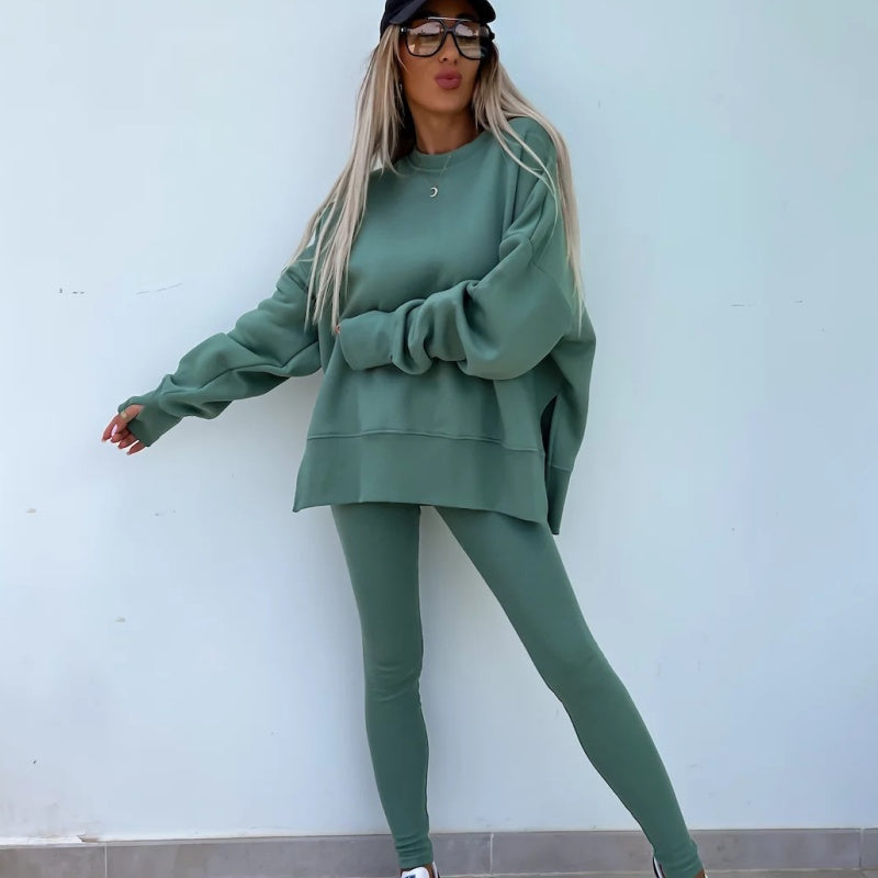 💝✨ Completo sportivo ed elegante in due pezzi: felpa monocromatica a maniche lunghe e leggings da donna
