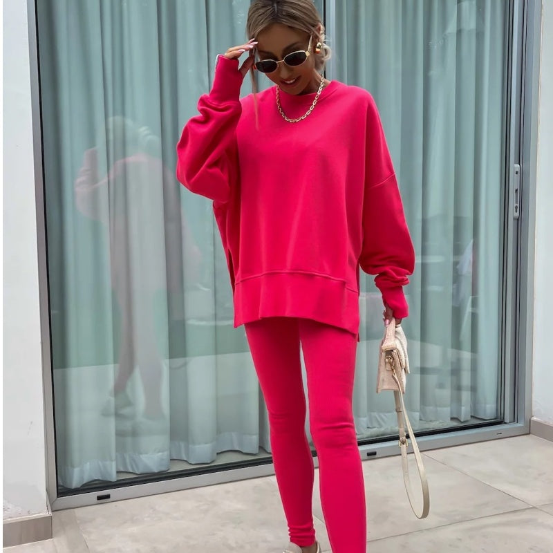 💝✨ Completo sportivo ed elegante in due pezzi: felpa monocromatica a maniche lunghe e leggings da donna