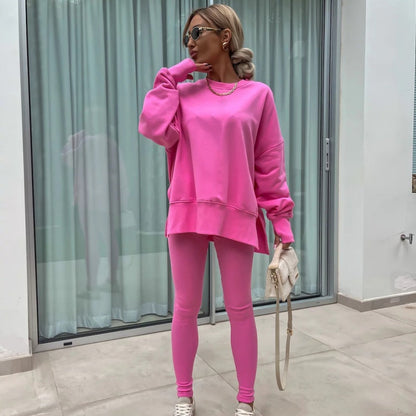 💝✨ Completo sportivo ed elegante in due pezzi: felpa monocromatica a maniche lunghe e leggings da donna