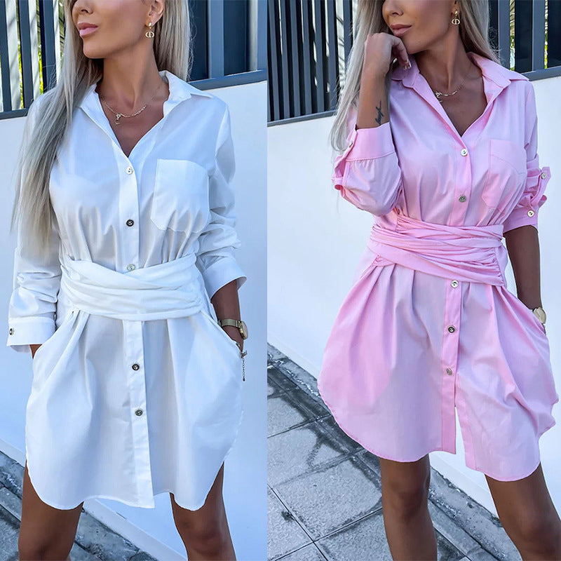 💥Limited time 54% discount 💕Trendy plain shirt dress with tie belt for women