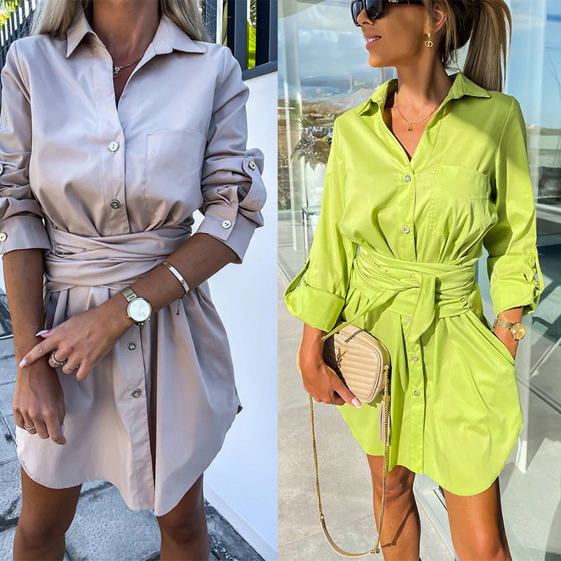💥Limited time 54% discount 💕Trendy plain shirt dress with tie belt for women