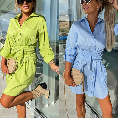 💥Limited time 54% discount 💕Trendy plain shirt dress with tie belt for women
