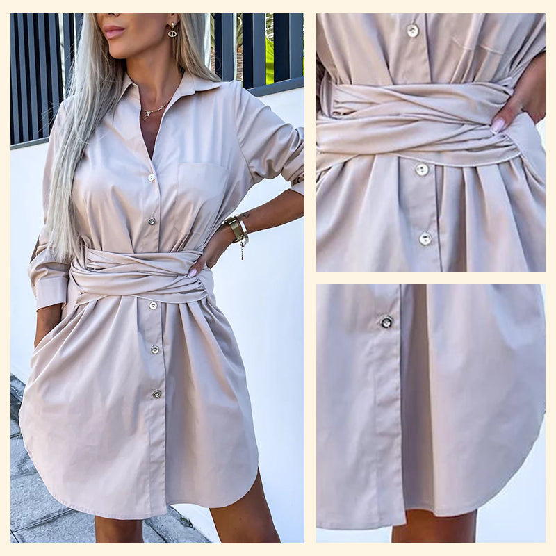 💥Limited time 54% discount 💕Trendy plain shirt dress with tie belt for women