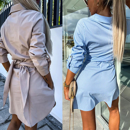💥Limited time 54% discount 💕Trendy plain shirt dress with tie belt for women