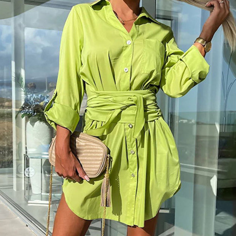 💥Limited time 54% discount 💕Trendy plain shirt dress with tie belt for women