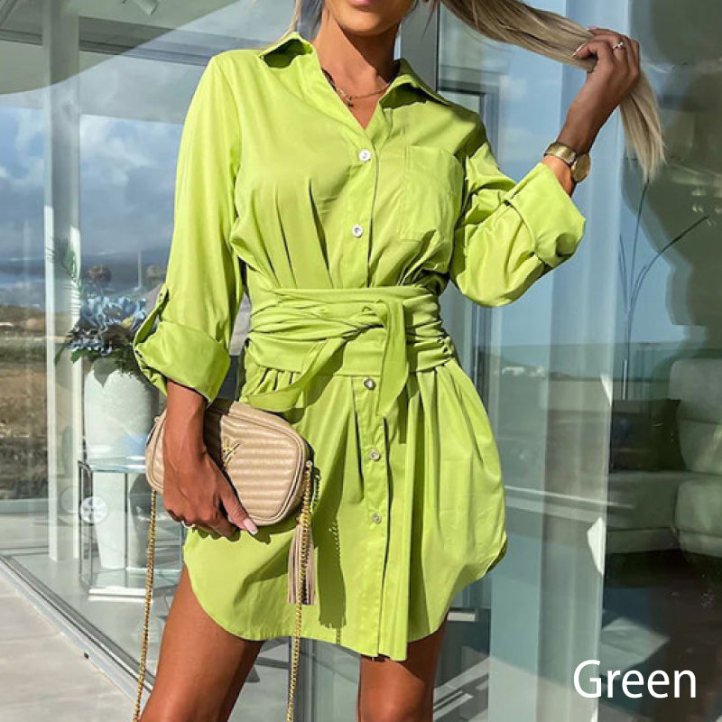💥Limited time 54% discount 💕Trendy plain shirt dress with tie belt for women