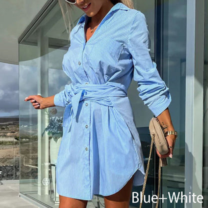 💥Limited time 54% discount 💕Trendy plain shirt dress with tie belt for women