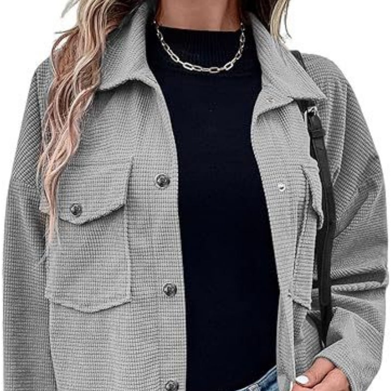 Kvinnans våffla stickade skjorta jacka med en knappbar