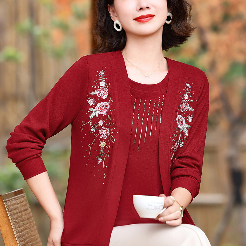 Elegant brodert langermet strikketopp for kvinner🌸