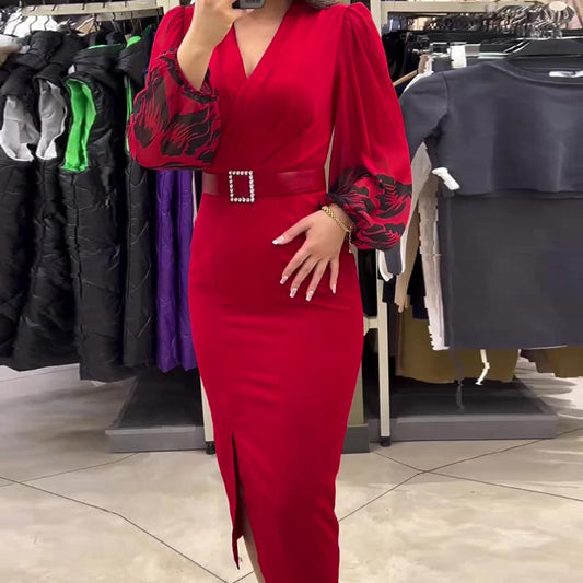 🍁Herbst-Neuankünfte 48% RABATT💃Elegantes Kleid mit V-Ausschnitt für Damen in Rot