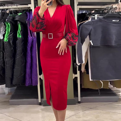 🍁Herbst-Neuankünfte 48% RABATT💃Elegantes Kleid mit V-Ausschnitt für Damen in Rot