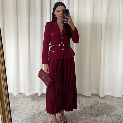 🎄Offres spéciales de Noël 50% de réduction🎄Ensemble deux pièces pour femme avec blazer à revers et jupe plissée (avec ceinture)