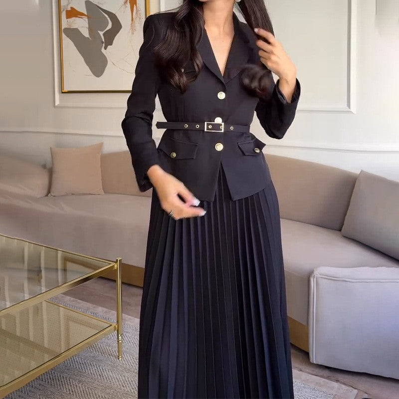 🎄Offres spéciales de Noël 50% de réduction🎄Ensemble deux pièces pour femme avec blazer à revers et jupe plissée (avec ceinture)