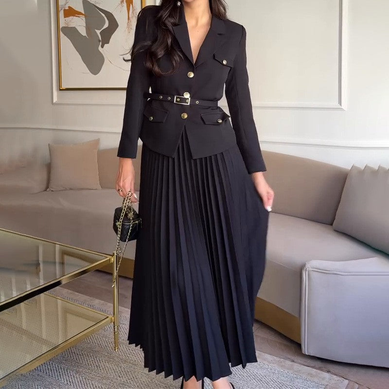 🎄Offres spéciales de Noël 50% de réduction🎄Ensemble deux pièces pour femme avec blazer à revers et jupe plissée (avec ceinture)