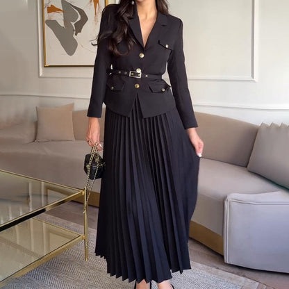 🎄Offres spéciales de Noël 50% de réduction🎄Ensemble deux pièces pour femme avec blazer à revers et jupe plissée (avec ceinture)