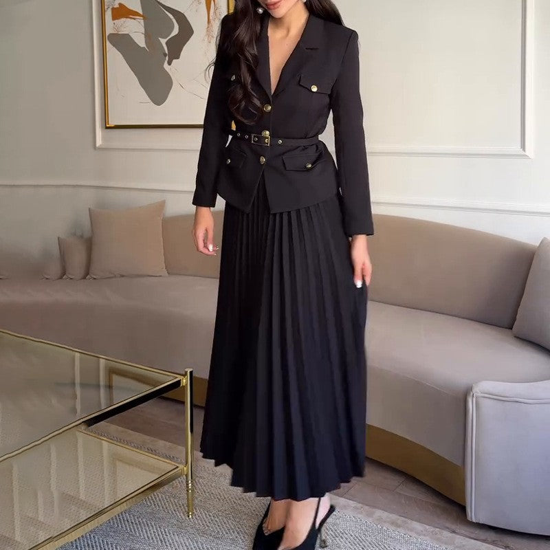 🎄Offres spéciales de Noël 50% de réduction🎄Ensemble deux pièces pour femme avec blazer à revers et jupe plissée (avec ceinture)