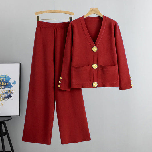 💝Women's two-piece suit with buttoned sweater and wide-leg pants