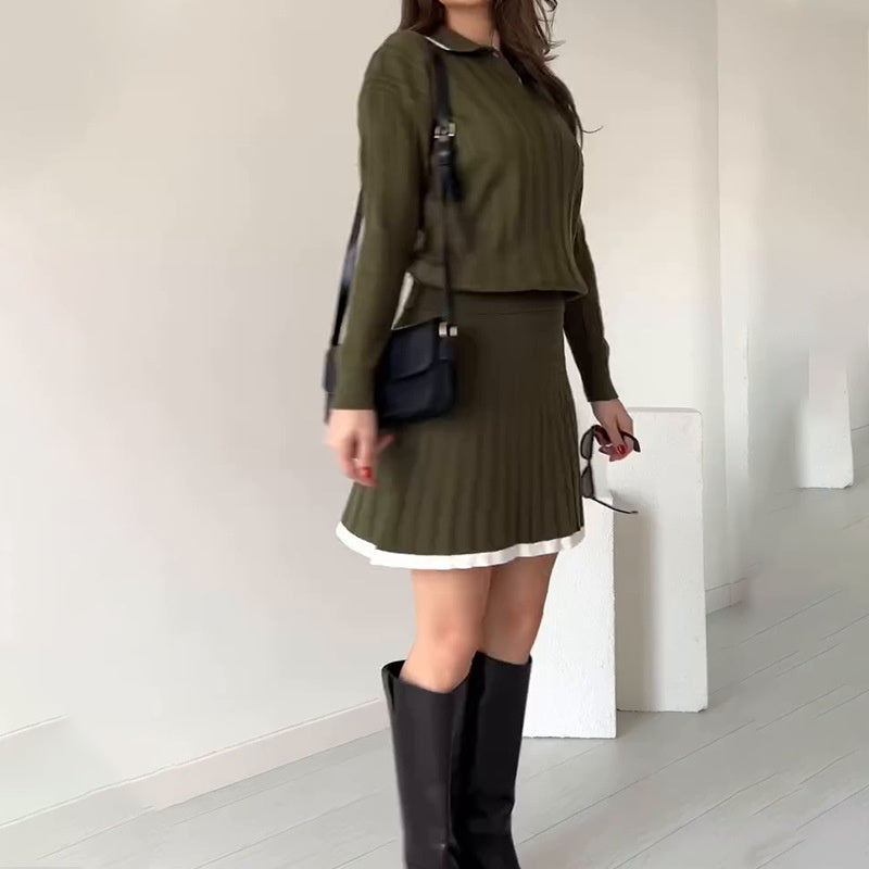 🌸Todelt sett med strikket genser og kort skjørt for kvinner💖👗