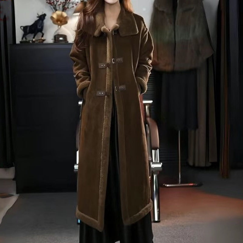 Nuovo stile invernale 2024 🔥Cappotto in pile scamosciato da donna, elegante cappotto di pelliccia lungo fino al ginocchio, stile western