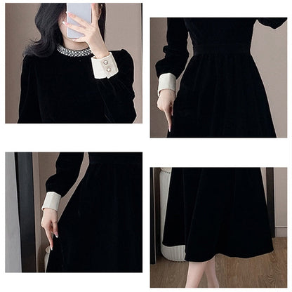 Vestido de mujer elegante con un escote circular y mangas largas