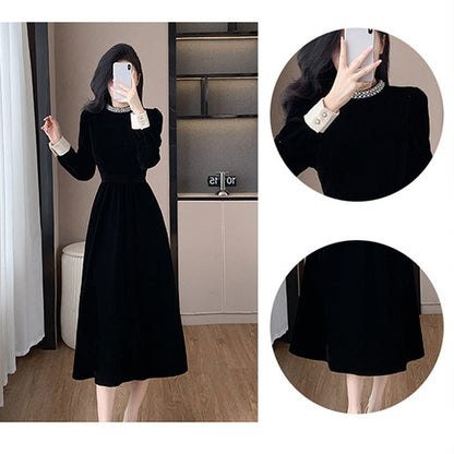 Vestido de mujer elegante con un escote circular y mangas largas
